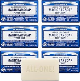 Dr. Bronner's Castile Bar Soap for Men & Women, Peppermint, 5 oz, 6-Pack