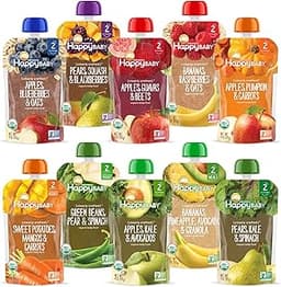 Happy Baby Organics Stage 2 Baby Food Pouches, Gluten Free, Vegan & Healthy Snack, Clearly Crafted Fruit & Veggie Pur...