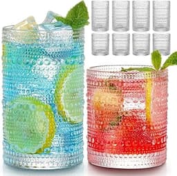 Hlukana Vintage Hobnail Drinking Glasses Set of 8, 12 oz Highball Glasses & 10 oz Cocktail Glasses Set, Kitchen Water...