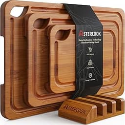Astercook Deep-Carbonized Bamboo Cutting Boards for Kitchen with Wood Storage Stand, Reversible Charcuterie & Choppin...